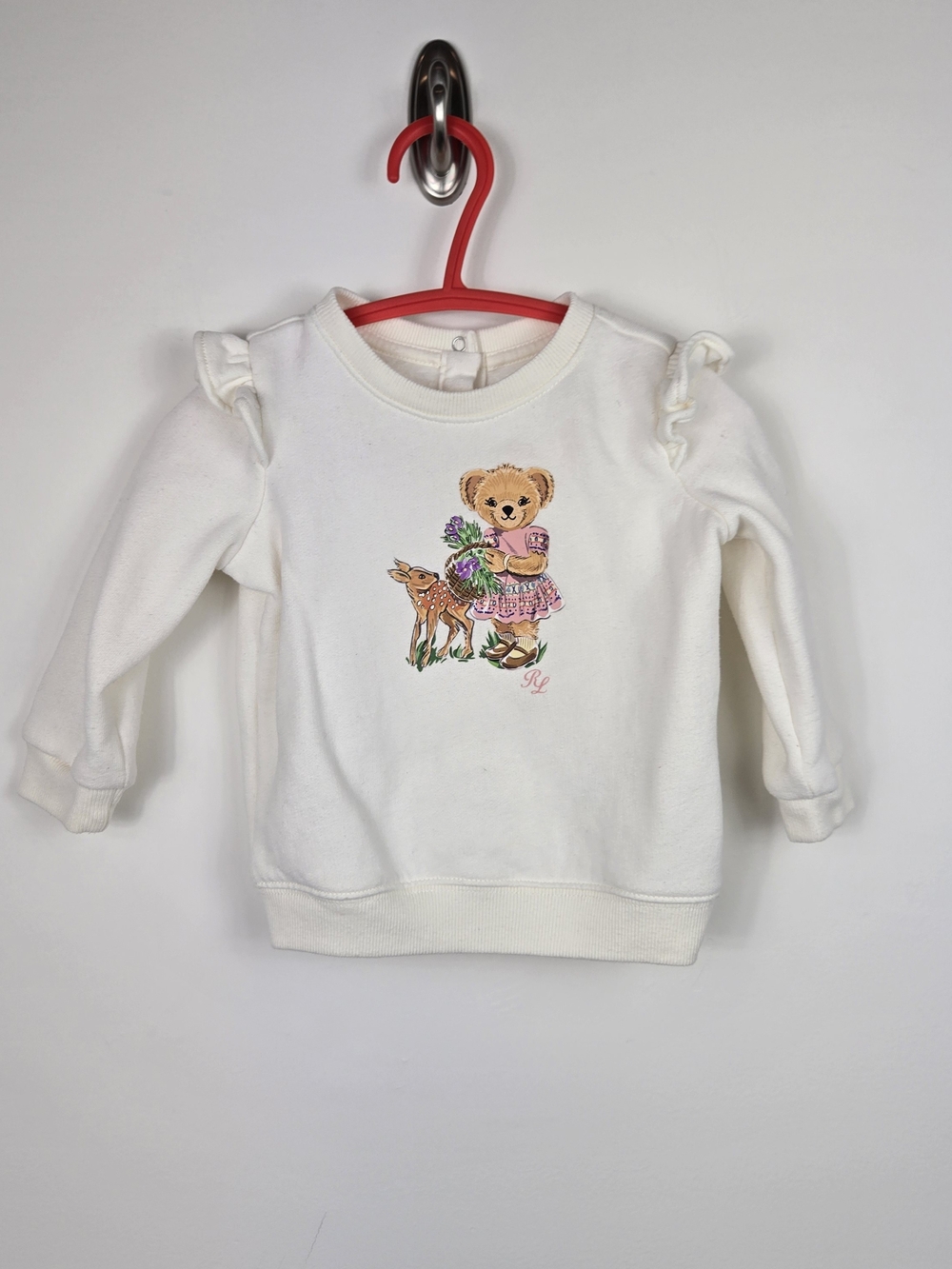 Ralph Lauren Baby Bear Cream Sweatshirt 9M Coquette Cottagecore Teddy Ruffle
